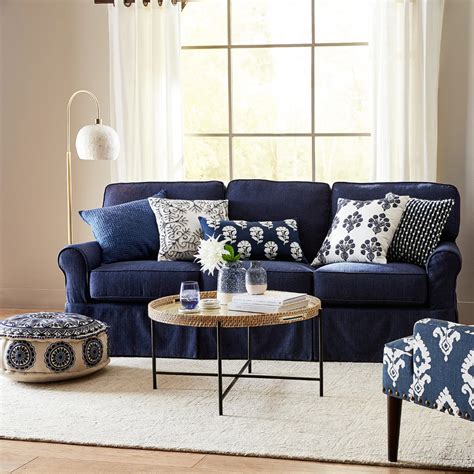 Lia Pierformance™ Navy Slub Weave Slipcovered Sofa | Pier 1 | Blue couch living room, Blue sofas ...