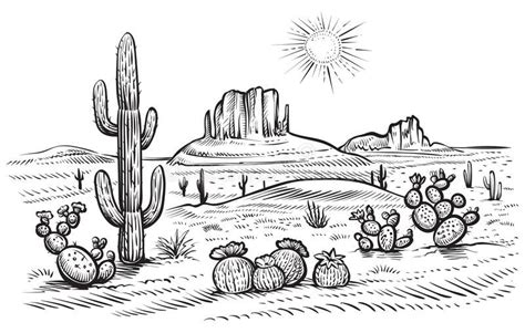 Desert landscape vector illustration with saguaro and opuntia blooming cactus. D , #Ad, #saguaro ...