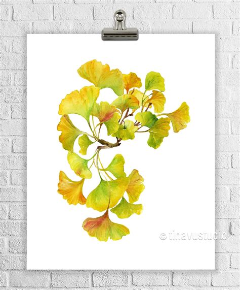 Watercolor Ginkgo Artwork Golden Leaf Painting Instant - Etsy