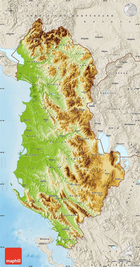 Physical Map of Albania, shaded relief outside