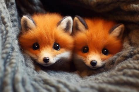 Premium AI Image | Cute baby foxes peeking out of a woolen pocket