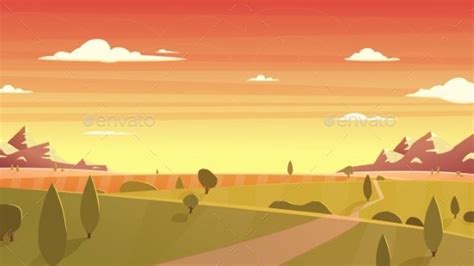 Sunset Landscape Cartoon Vector Illustration | Poster background design, Sunset landscape ...