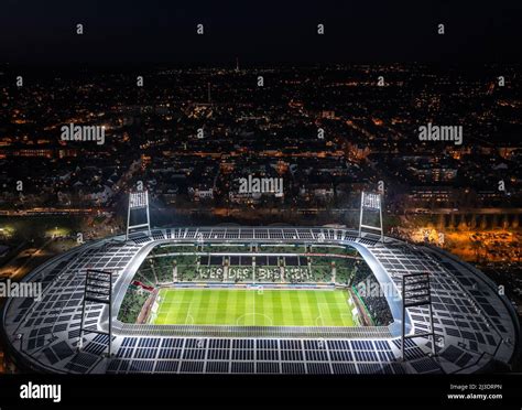 Aerial view on Illuminated Weserstadion, SV Werder Bremen stadium Stock ...