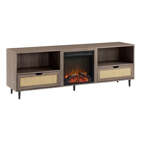 70" Modern Wood Fireplace Console with Rattan Door - Driftwood ...