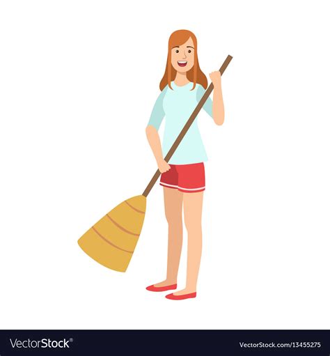 Woman sweeping the floor with broom cartoon adult Vector Image