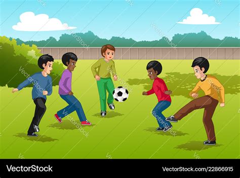 Multi ethnic group of kids playing soccer Vector Image