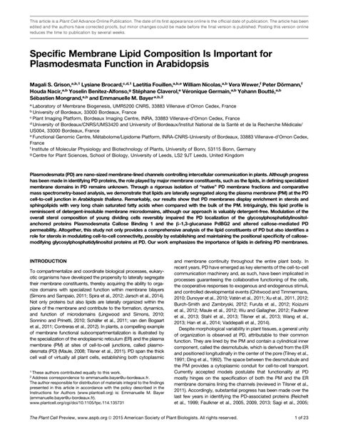 (PDF) Specific Membrane Lipid Composition Is Important for Plasmodesmata Function in Arabidopsis