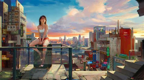 Asian girl sitting alone on roofside 8K wallpaper download