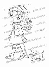 Girl Walking Dog Digital Stamp Puppy Digi By lemonshortbread sketch template