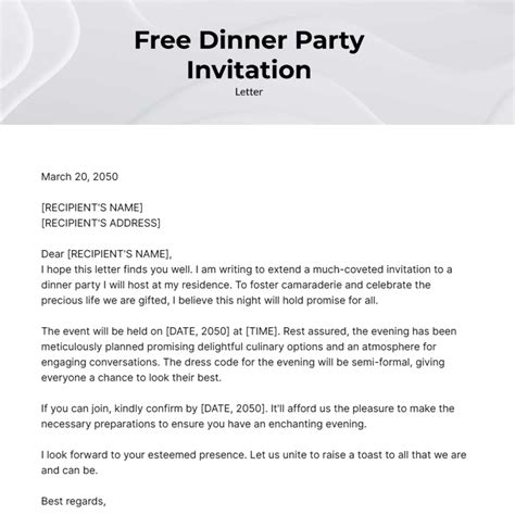 Dinner Party Invitation Letter Template - Edit Online & Download Example | Template.net