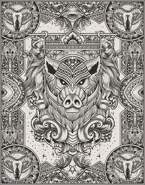 illustration wild boar skull head with antique engraving ornament style ...