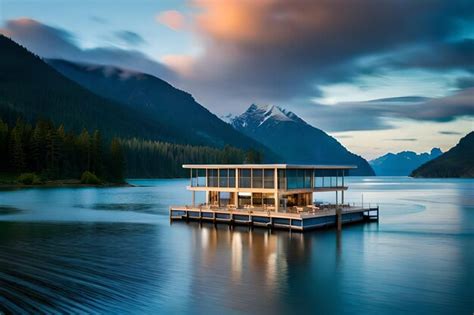 Premium AI Image | A cabin on a lake with a mountain view