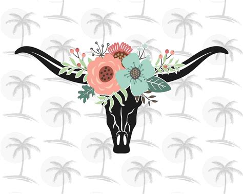 Longhorn Skull With Flowers COLOR Digital PNG ONLY for Vinyl - Etsy