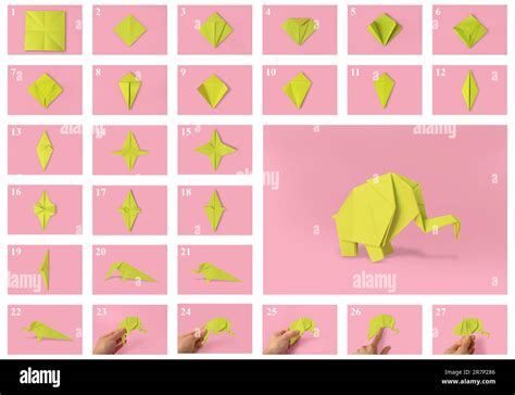 Origami art. Making yellow paper elephant step by step, photo collage ...