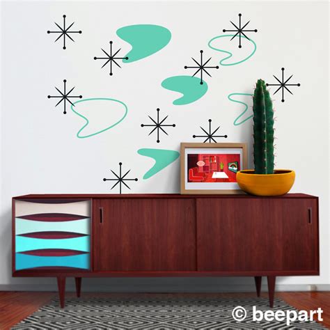 boomerang mid century wall decal set, starburst wall decals, vintage 50s design, retro mcm