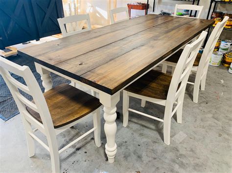 7ft Rustic Farmhouse Table with Chairs and Turned Legs, Dark Walnut Top and Antique White Base ...