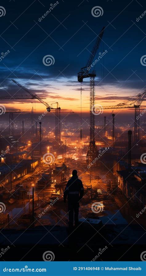 As Night Falls, the Construction Site Silhouette Reveals Crane and Laborers Stock Illustration ...