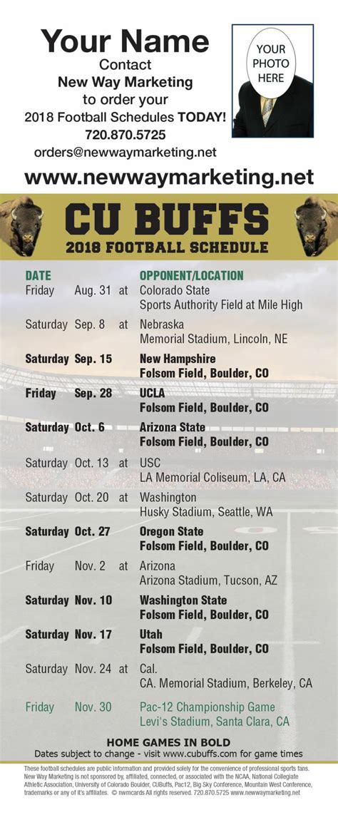 2018 CU Buffs College Football Schedules | Self Mailer Magnet Postcard | New Way Marketing ...