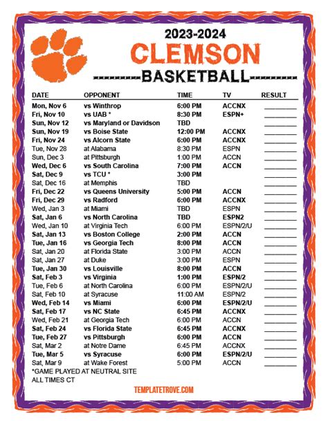 Printable 2023-2024 Clemson Tigers Basketball Schedule