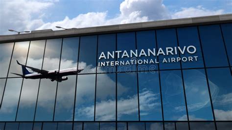 Airplane Landing at Antananarivo Madagascar Airport Mirrored in Terminal Stock Illustration ...