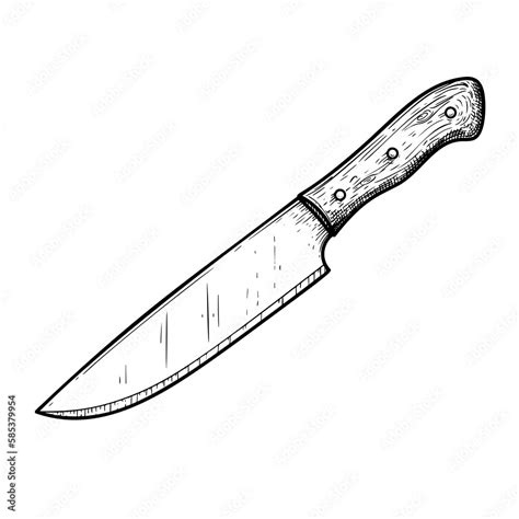 Chef's knife with wooden handle. Butcher and kitchen utensil. Chef's tool. Hand drawn sketch ...