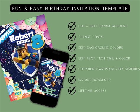 Editable Paw Patrol Chase Birthday Invitation Template, Paw-ty Patrol ...