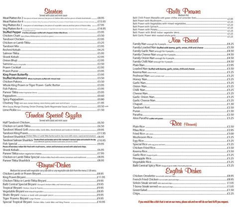 Balti Central restaurant menu