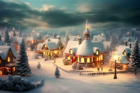 Christmas village with Snow in vintage style. Winter Village Landscape. Christmas Holidays ...