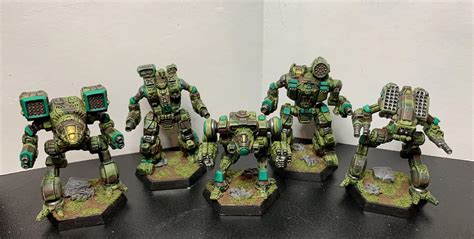 My first “complete” star of clan mechs. Some quick and dirty, tabletop ready Jade Falcon Gammas ...