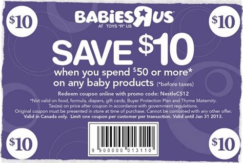 Babies'R'Us - save 10$ when you spend 50$ or more on any baby products with this coupon code ...