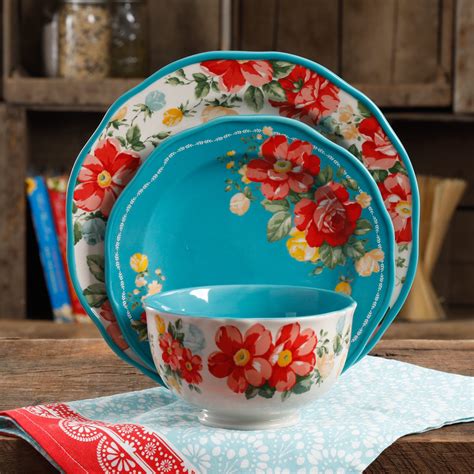 The Pioneer Woman Vintage Floral 12-Piece Dinnerware Set, Teal ...