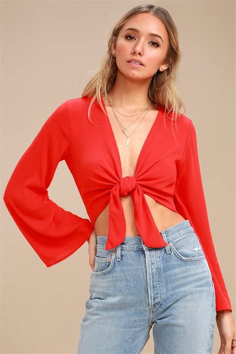 Lulus Coral Red Tie-Front Long Sleeve Crop Top | Kendall Jenner's Red Crop Top Valentine's Day ...