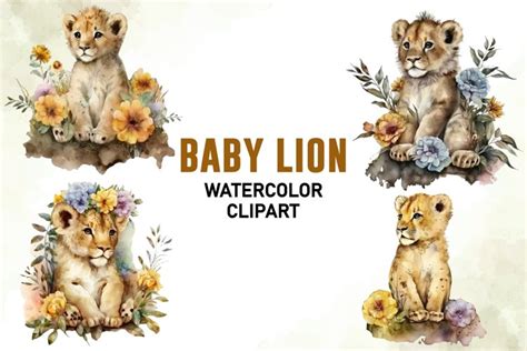 Watercolor Floral Baby Lion Bundle, Baby Lion Watercolor