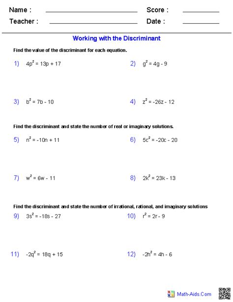 Algebra 2 Worksheets | Quadratic Functions and Inequalities Worksheets