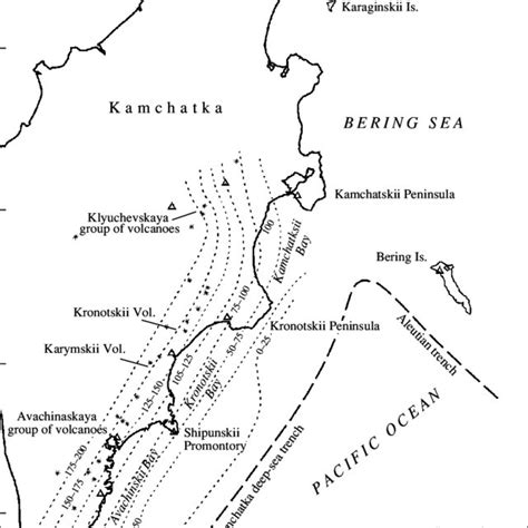 Map of the Kamchatka Peninsula: ( 1 ) position of the Pacific plate ...