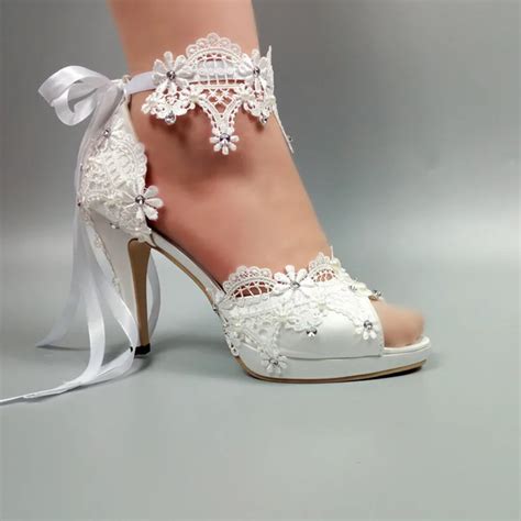 Womens wedding shoes New arrival Peep Toe white lace Up shoes Two piece ...