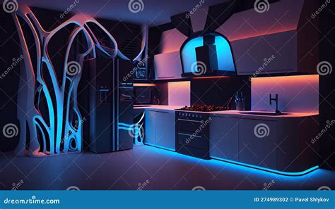 Interior of Stylish Bedroom with Neon Lighting Stock Illustration ...