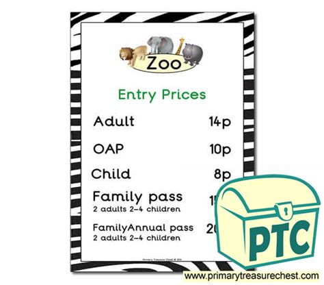 Zoo Entry Prices Poster (1-20p) - Primary Treasure Chest