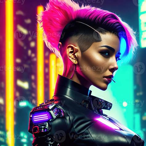 cyberpunk future technology cyborg robot punk woman with short hair ...