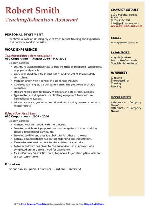 Education Assistant Resume Samples | QwikResume