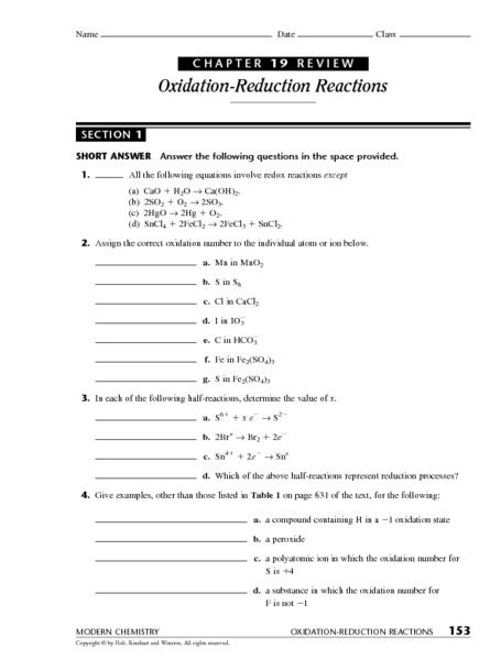 Chapter 19 Review, Section 1: Oxidation-Reduction Reactions Worksheet ...