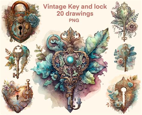 Vintage Key and Lock Clipart Download Png, Watercolor Digital Print ...