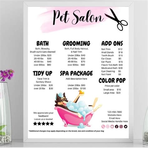 Horizontal Dog Salon Price List Bundle Pet Groomer Sign Dog ...