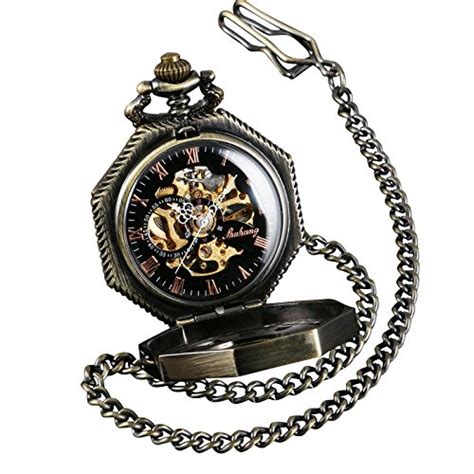 ShoppeWatch Skeleton Pocket Watch with Chain Bronze Octagon Case Steampunk Costume Railroad ...