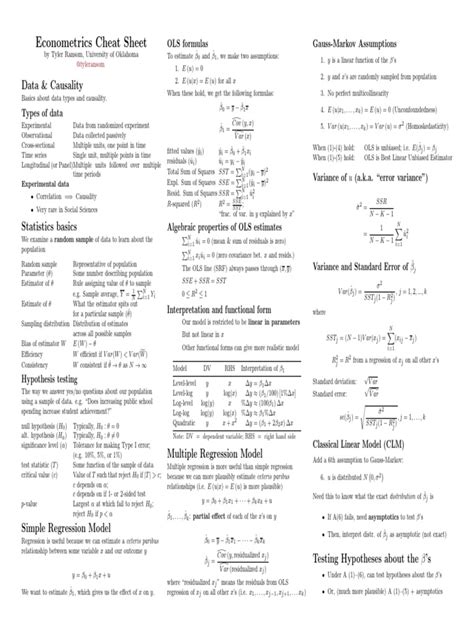 Econometrics Cheat Sheet | PDF