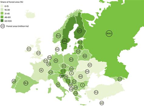 Forest area in Europe and share of land area by... - Maps on the Web