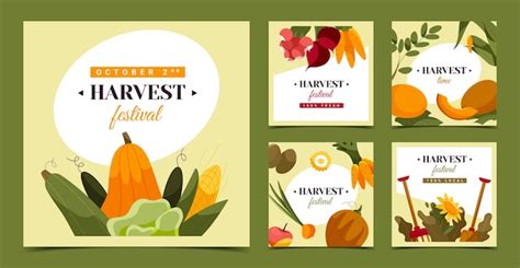 Free Vector | Flat harvest festival celebration instagram posts collection