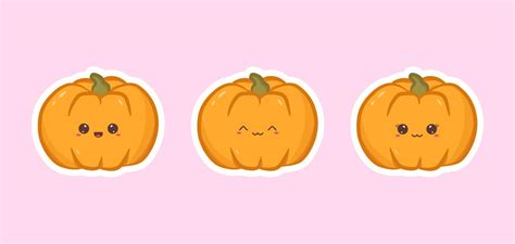 Set of cute stickers pumpkins with funny face. Collection of halloween pumpkins in kawaii style ...