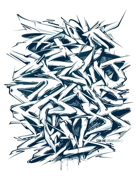 an abstract piece of graffiti that is black and white with some blue ink on it