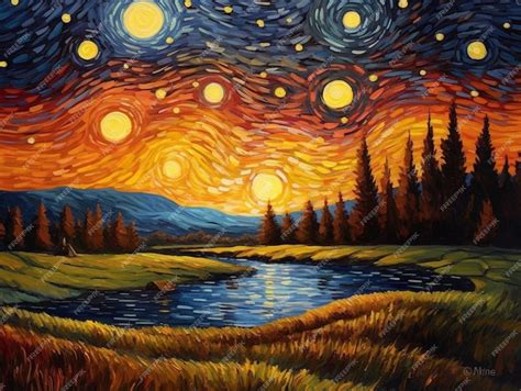 Premium AI Image | A painting of a river with stars on the sky.